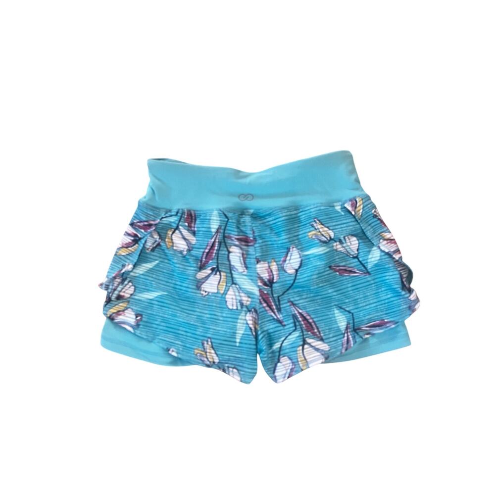 CALIA by Carrie Underwood Teal Floral 2-in-1 Layered Running Shorts XS